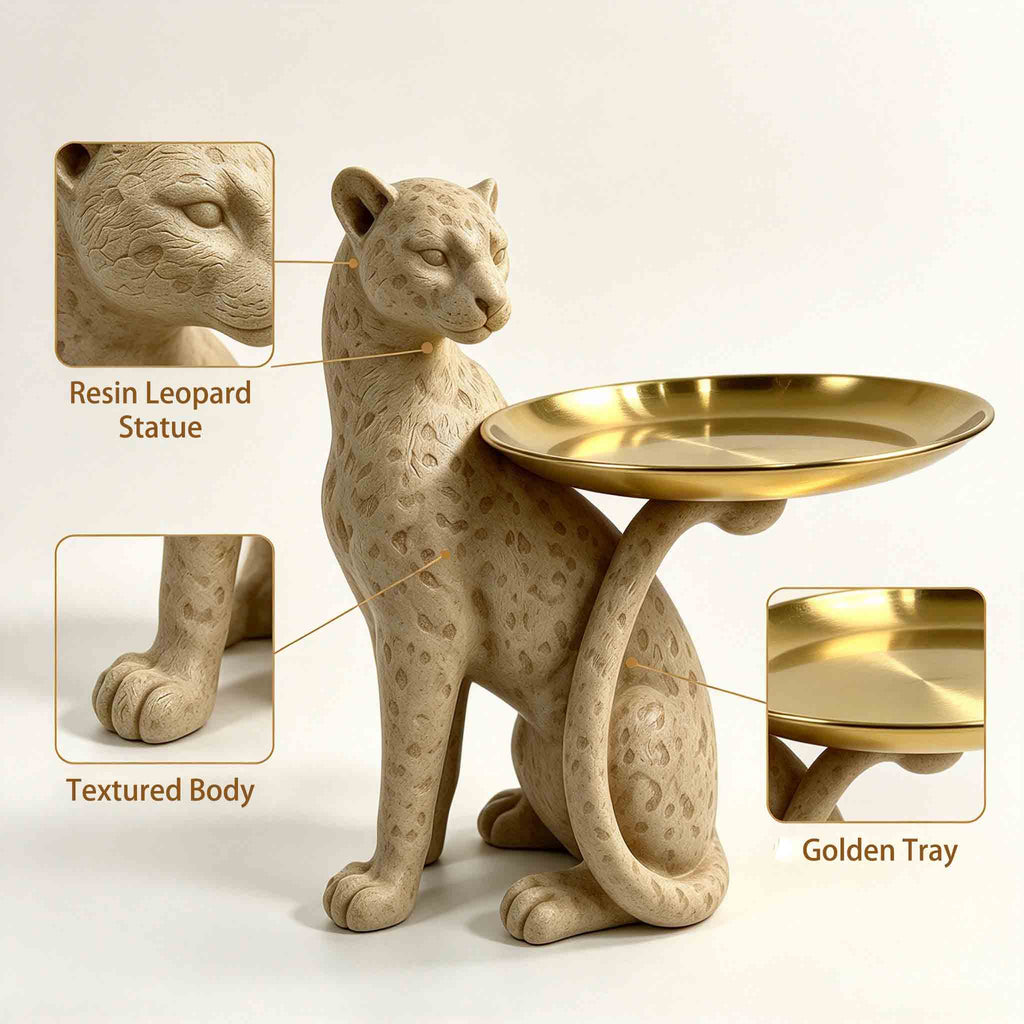 Close-up of the textured leopard figurine and gold-tone tray