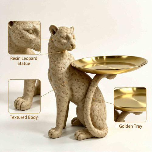 Close-up of the textured leopard figurine and gold-tone tray
