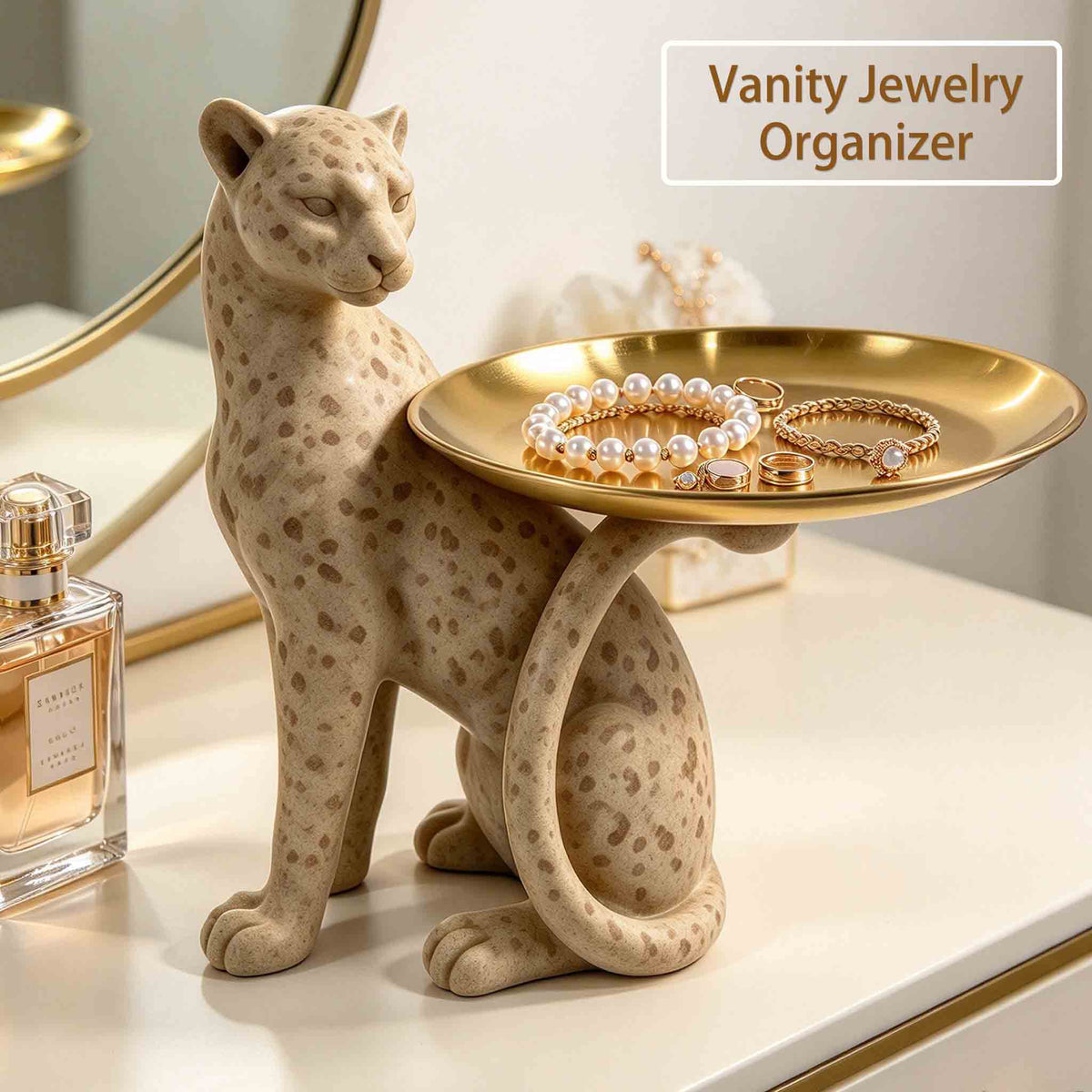 Leopard tray figurine used to organize jewelry on a vanity