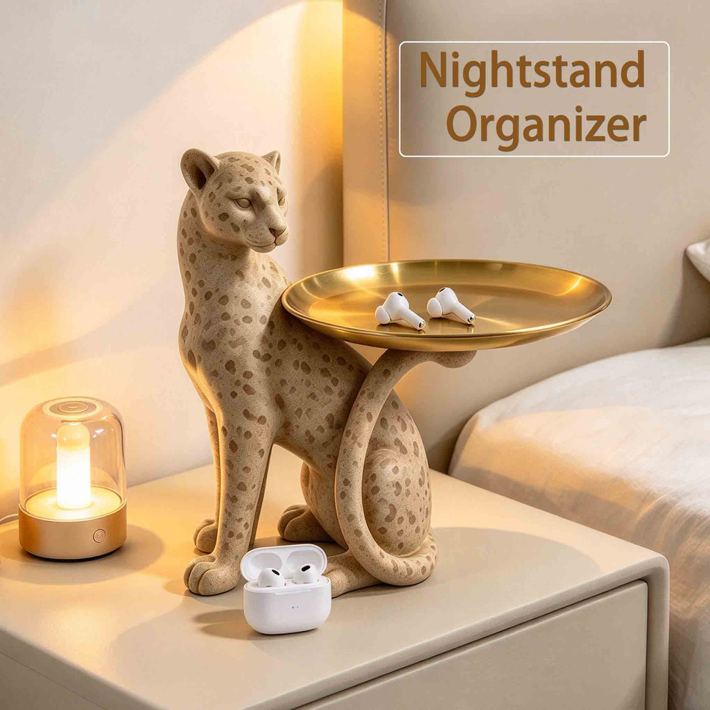 Leopard tray figurine placed on a bedside table